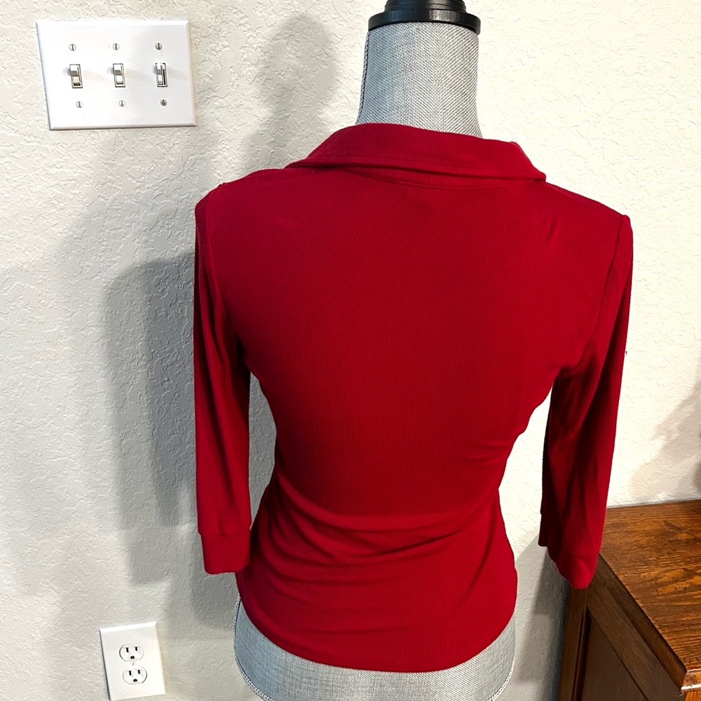 Guess Red Button-Up Ribbed Henley Top - Picture 2 of 3